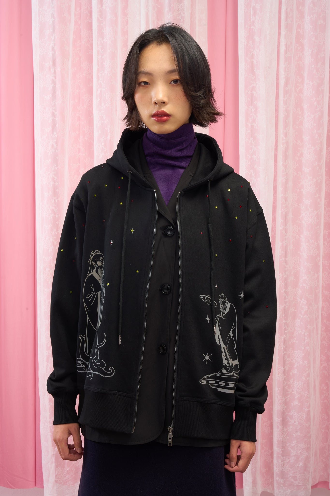 Confucius & Laozi Rhinestone Zip Hoodie